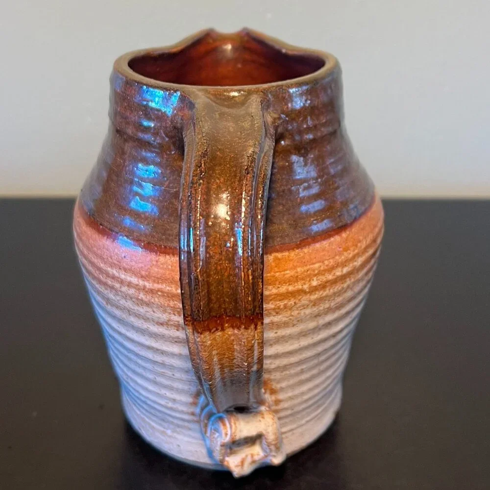 Handcrafted Hand Thrown Studio Clay Pottery  Rounded & Ribbed Water Pitcher - Picture 8 of 16
